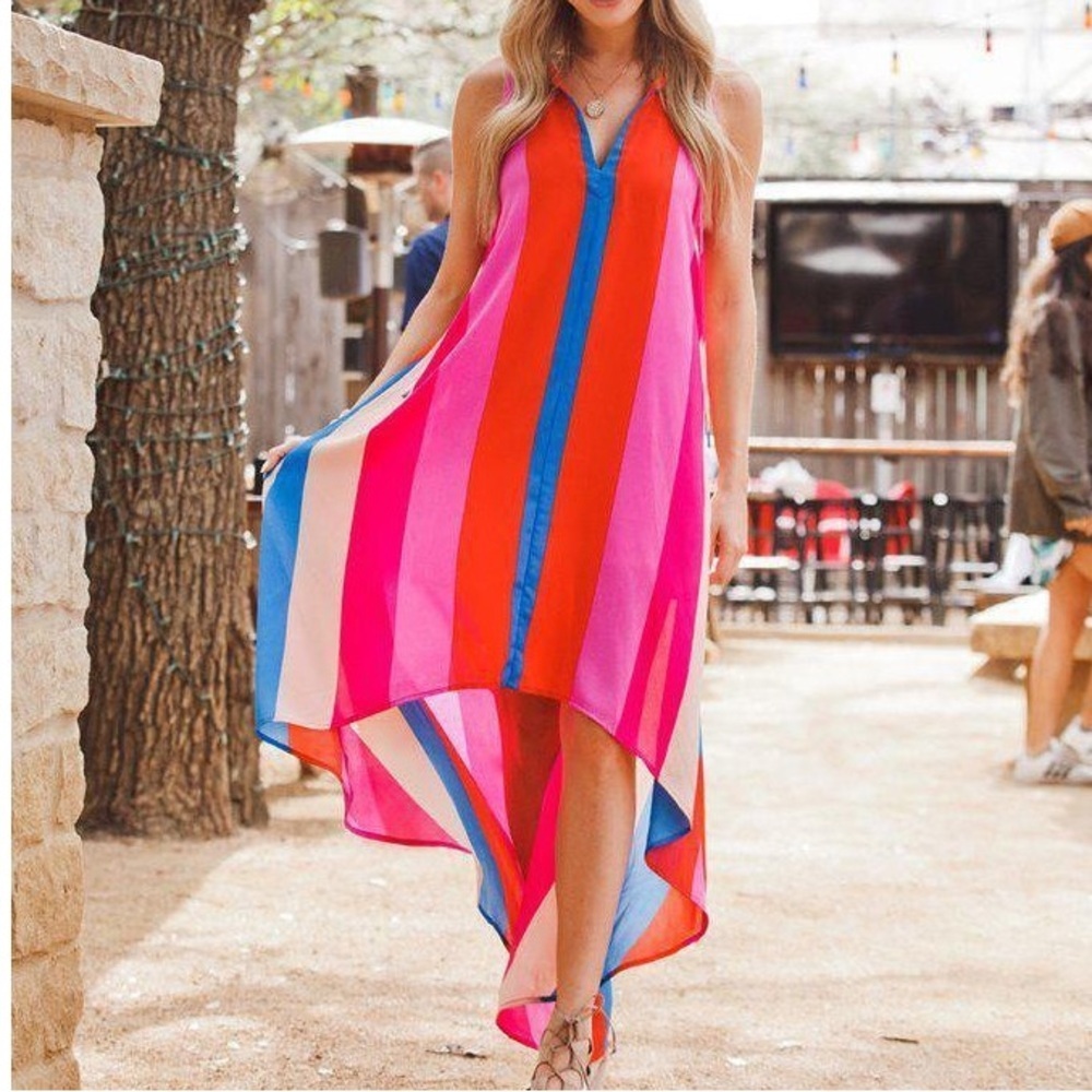 BUDDY LOVE Campbell Carousel Sheer Over Slip High/Low Hem Maxi Dress